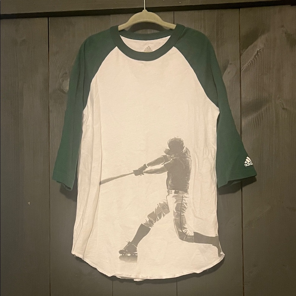 Adidas Green and White Baseball Raglan Tee